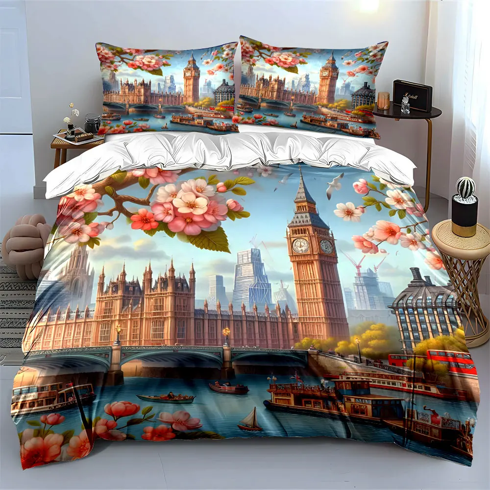Springtime in London Duvet Cover Set with 3D Printing Design Soft Polyester Bedding Set All-Season Comfort Machine Washable