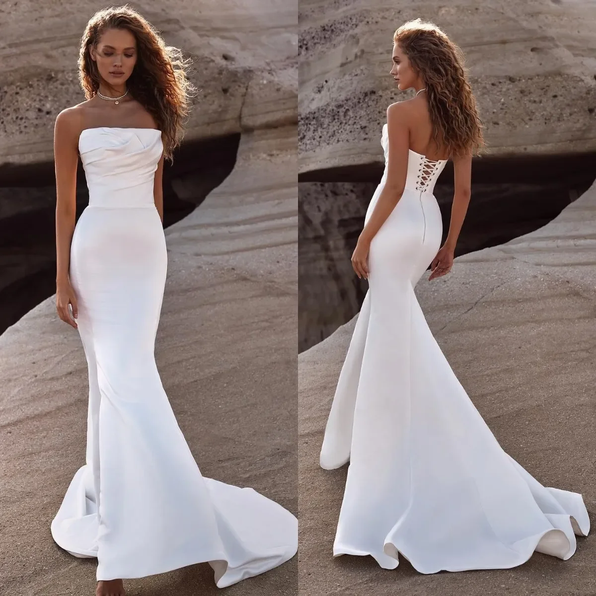 

Simple sexy mermaid strapless strapless satin wedding dress Sweep train lace after wedding Beach custom bridal dress 2024