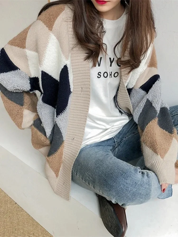 Plaid Chic Cardigans Button Puff Sleeve Checkered Oversized Women's Sweaters Winter Spring Sweater Tops