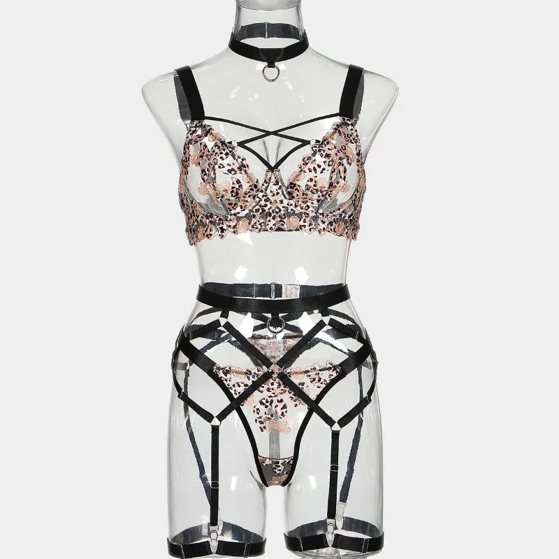 

Toucheart сексуальный комплект нижнего белья с леопардовым принтом для женщин, сетчатое прозрачное нижнее белье с вышивкой, подвязки, комплект сексуального нижнего белья