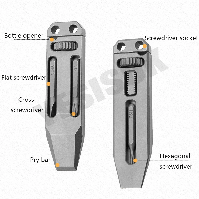 Alat pembuka botol cungkit teleskopik, paduan Titanium, kunci pas obeng tangan luar ruangan berkemah alat EDC dengan 3 Batch kepala