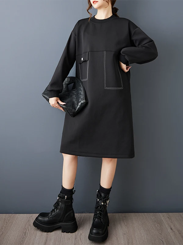 Street Sle coton longue Sve t-shirt Dr décontracté polyvalent mi-long Simple Design femmes Dr automne saison a-ligne jupe