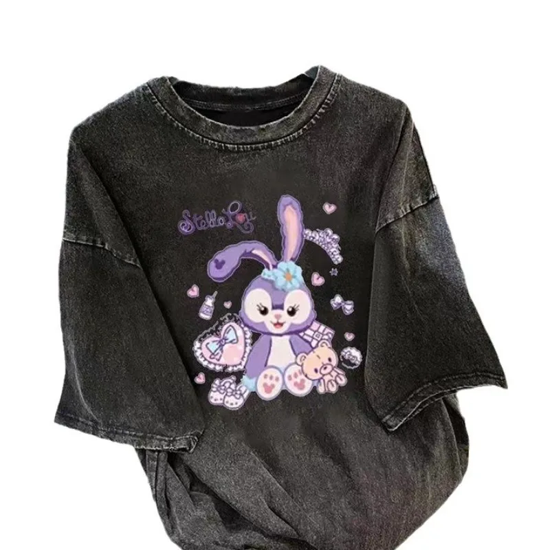 Sanrio Pure Cotton Kuromi Washed Old Black Japanese Cartoon Print T-shirt Kpop Summer New Cinnamoroll Vintage Oversized T Shirt