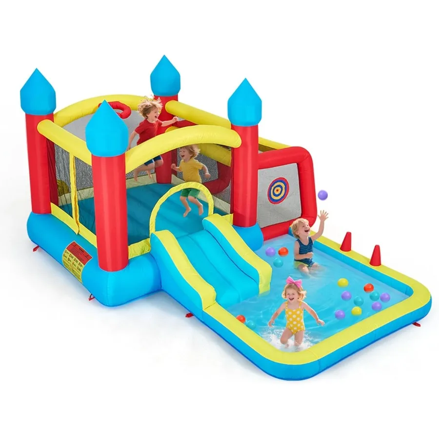 

6-in-1 Inflatable Bounce House for 3-6 Bouncy House with Slide Basketball Hoop Football Goal Dartboard Trampoline Bouncy Castle
