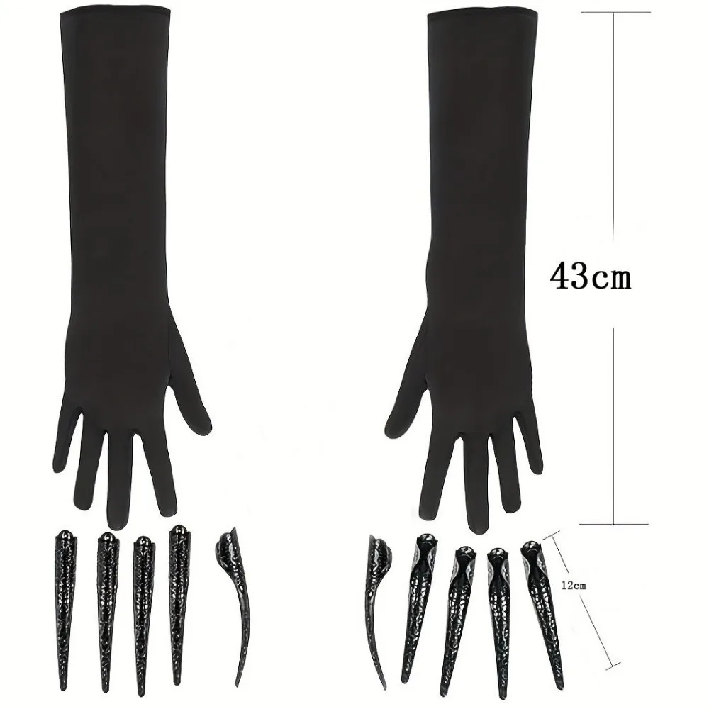 Black Color Long Nails Gloves Stretch Elastic Polyester Material Cosplay Gloves Finger Nails Design Detachable Claw Nails