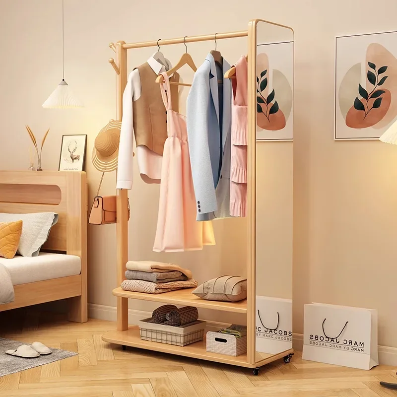 Integrated full-length mirror, all-solid wood coat rack, movable bag rack in bedroom, multi-functional floor-to-ceiling