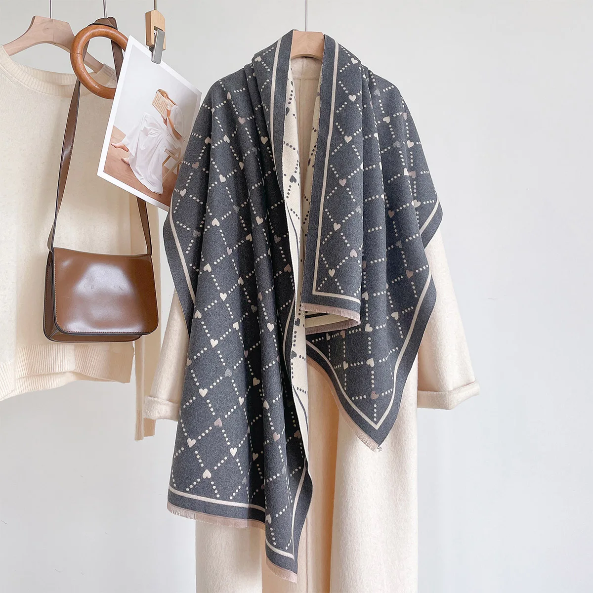 Winter Cozy Faux Cashmere Large Shawl For Her Vintage Full Print Dotted Grid Tiny Heart Double Sided Warm Fashion Gift Scarf