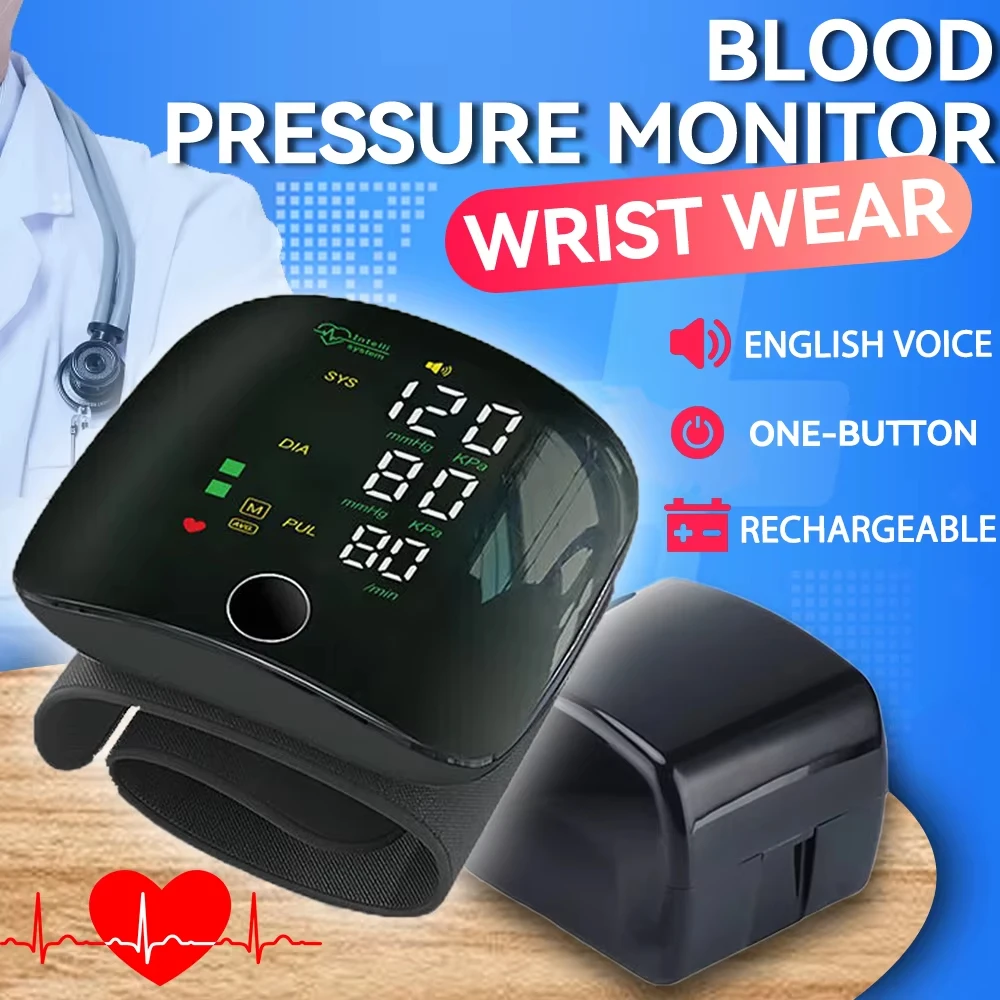 Wrist Type Blood Pressure Monitor Large Screen LED Fast Measurement Digital Tensiometer BP Tonometer Heart Rate USB Rechargeable