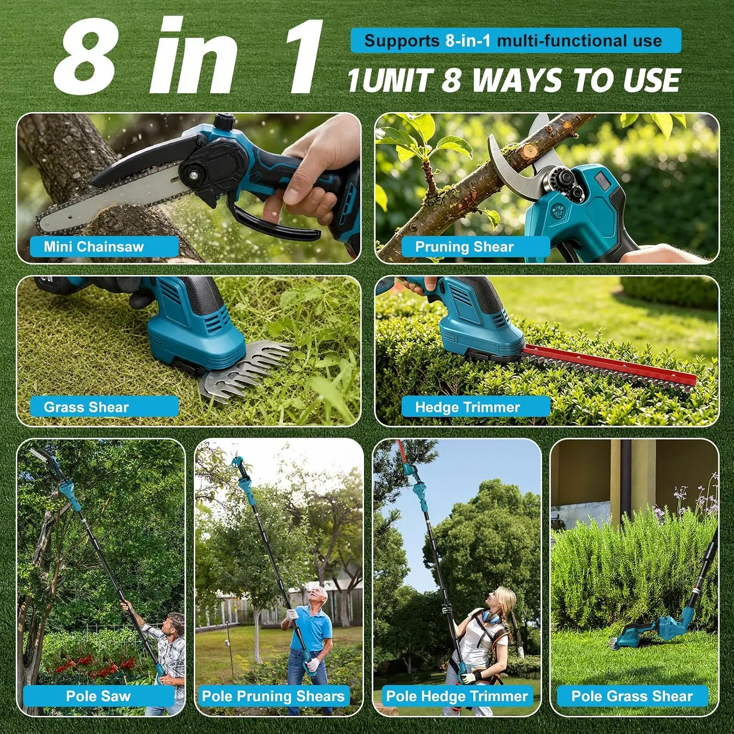 Cordless 18V Battery Compatible Pole Chainsaw, Hedge Trimmer and Pruning Shears Combo, Extendable Tree Trimming Tool Kit