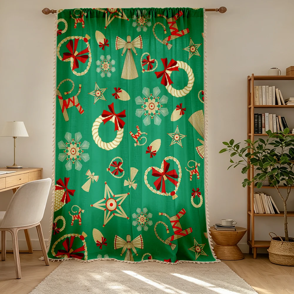 1PC Christmas Winter Tassel Sheer Curtains, Angel Star Holly, Digital Print, Linen Polyester, Bedroom Living Room, Home Decor