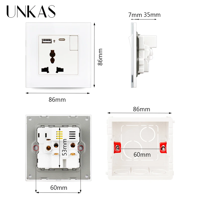 UNKAS 3 Pin Universal Socket With Switch And USB Type C Charging Ports For iPhone Android Tempered Glass Panel