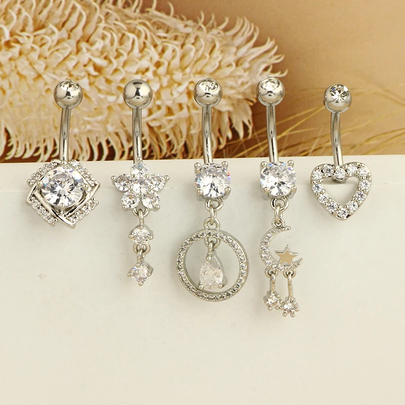 5PCS Cute Dangle Belly Ring Pack, 14G Navel Piercing Set