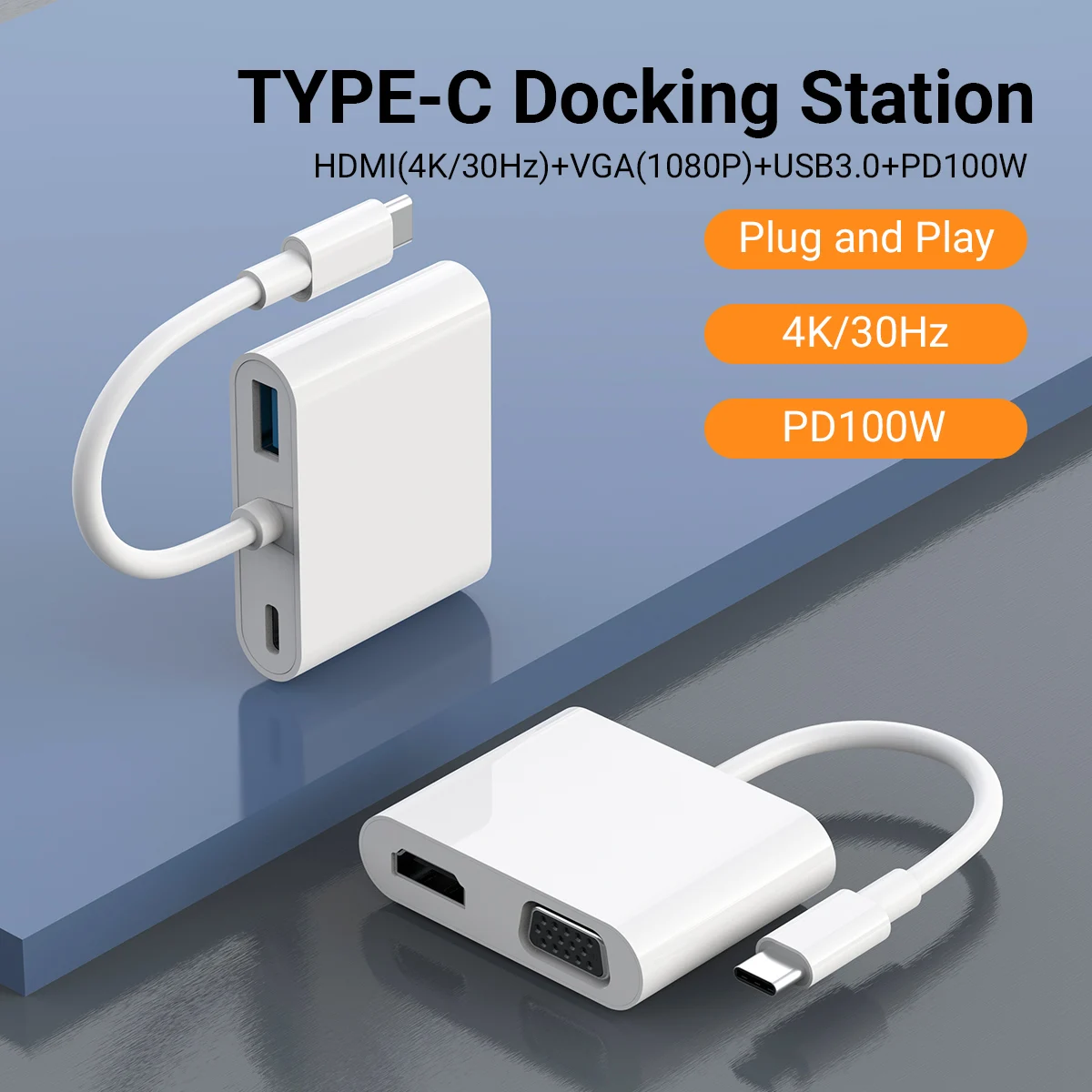 

4 In 1 USB-C Docking Station, White ABS Type-C Hub With 4K HDMI+PD 100W+USB 3.0+VGA For Mobile Phone,Laptop Computer，Macbook