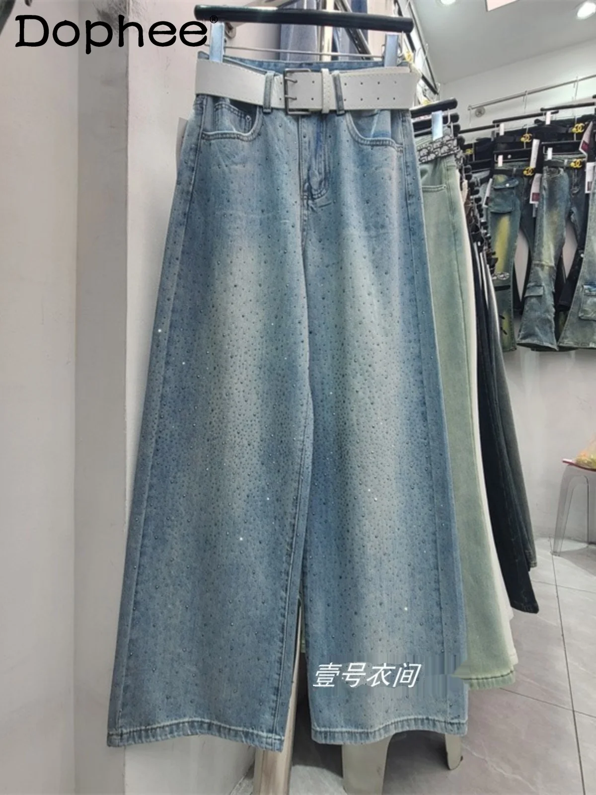 Retro Old Washed Jeans Women 2025 Spring New Heavy Industry Hot Diamond Mopping Pants High Waisted Jeans Baggy Jeans