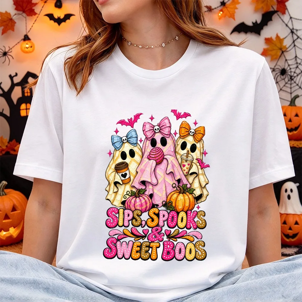 Sips Spooks And Sweet Boos Tee Cute Ghost Pumpkin Halloween Graphic T-Shirt Autumn Funny Holiday Unisex Cotton Tee Hallowmas Top