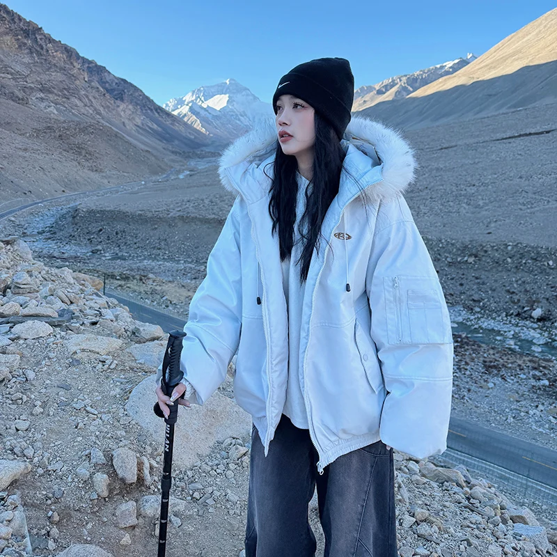 

Women Fur Collar Hooded Down Cotton Jacket Winter New High-End Mid-length Fashion Hooded Suit Loose Cotton-padded Jacket Coat