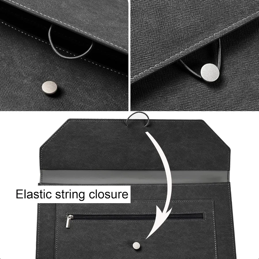 Cartella portadocumenti A4 in pelle PU Portadocumenti con 2 tasche Busta portfolio con cordino elastico Espansione da 3/4 pollici Nero