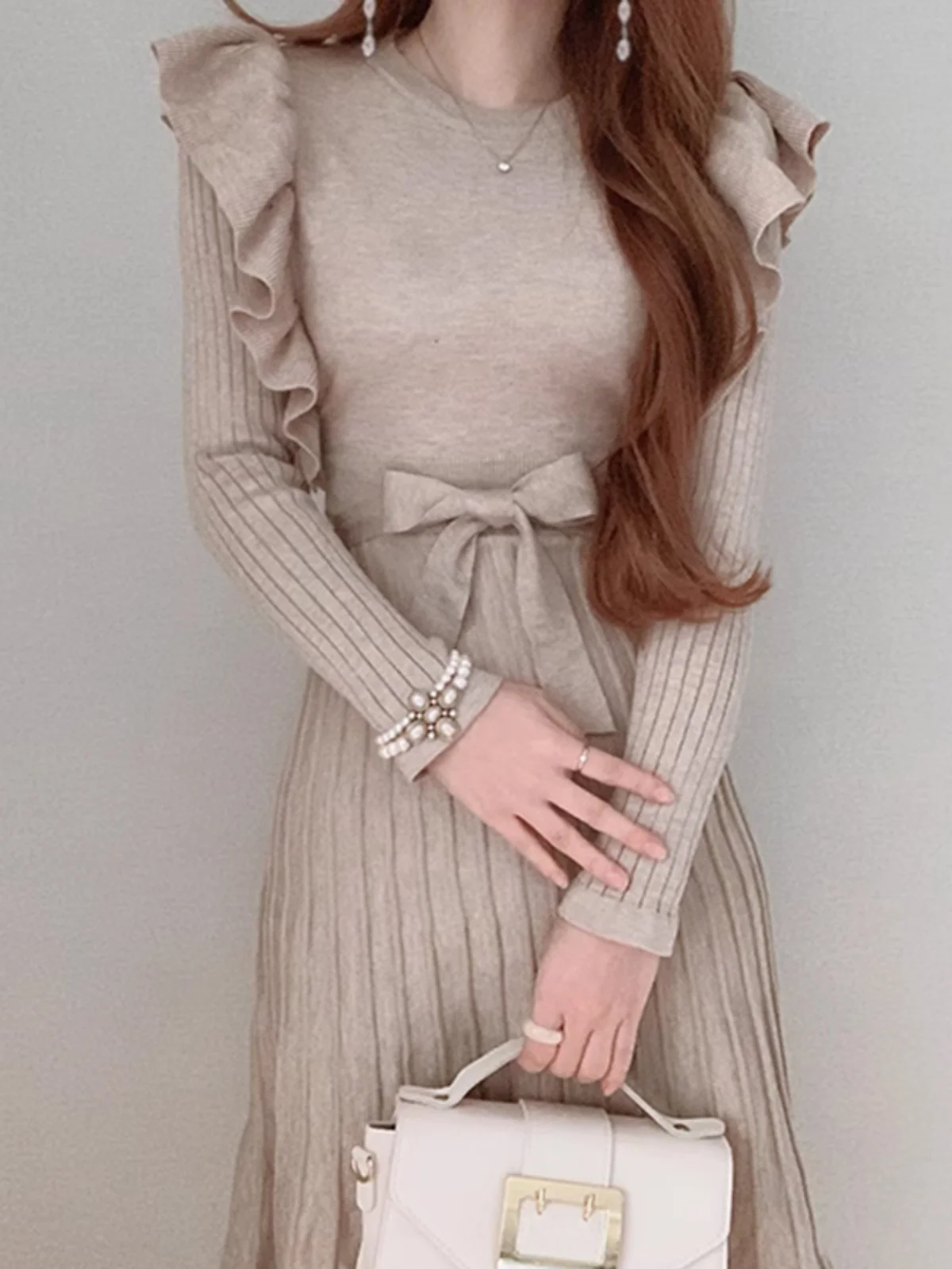 Vestido F de Tricô com Bainha de Renda cada, Cintura Marcada com Cinto, Camada Base, Saia Midi, Estilo Coreano, Go...