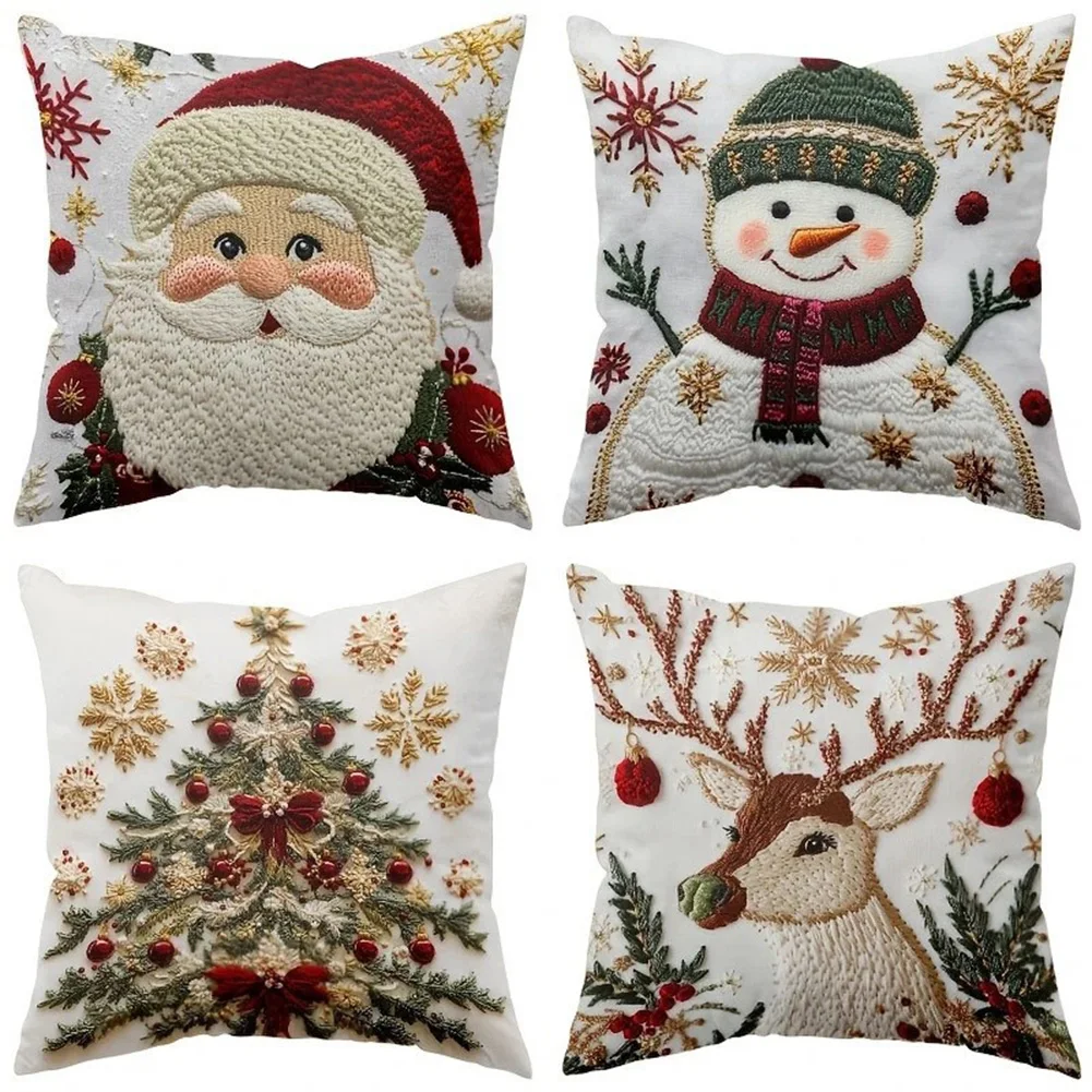 

Christmas Pillow Covers 4 Pack Embroidered Linen with Santa Snowman Tree & Reindeer for 18x18 Inch Pillows Seasonal Accent