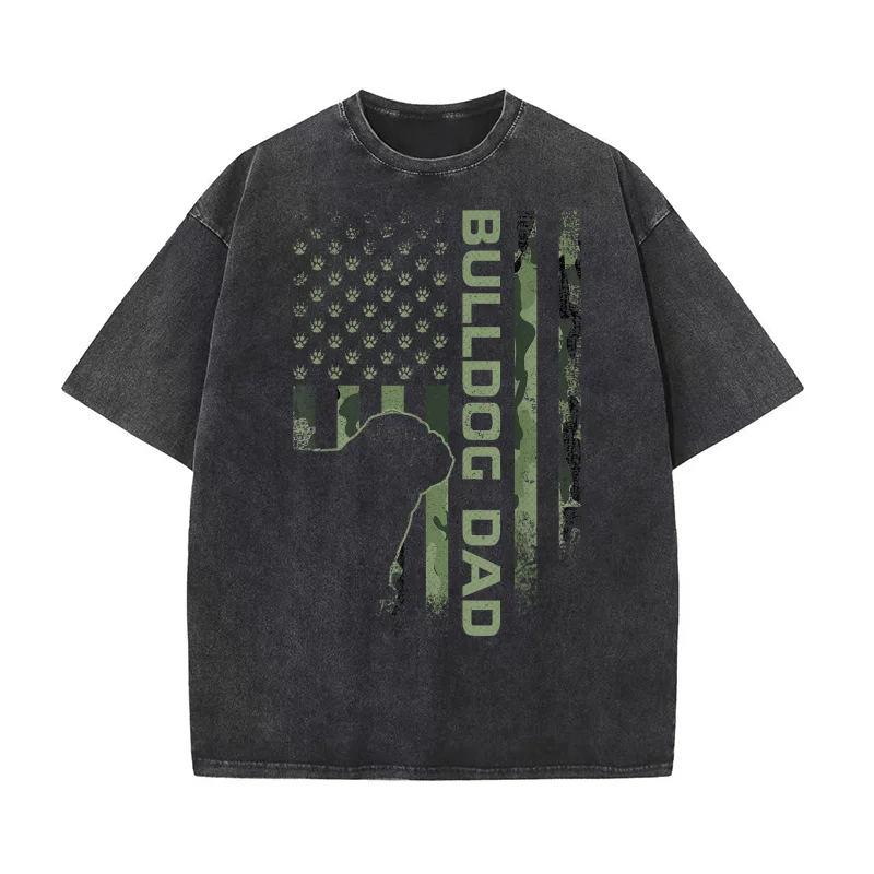

Vintage USA Camo Flag Proud English Bulldog Dad Silhouette T-shirt Men's Tee Shirt Short Sleeve Male Clothes Fashion