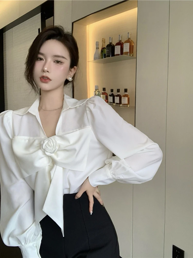 

Bow Spliced Fashion Shirt for Female Casual All-match Long Sleeve Simplicity Solid Color Blouse Women's Clothing