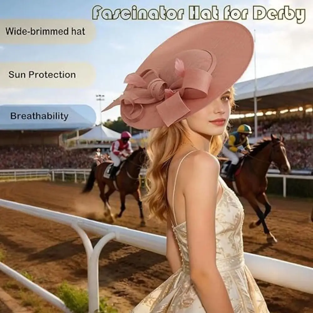 Trendy Wide Brim Women Fascinator Hats with Headband Elegant Tea Party Hat Vintage Large Derby Hat for Derby Event Wedding Hat