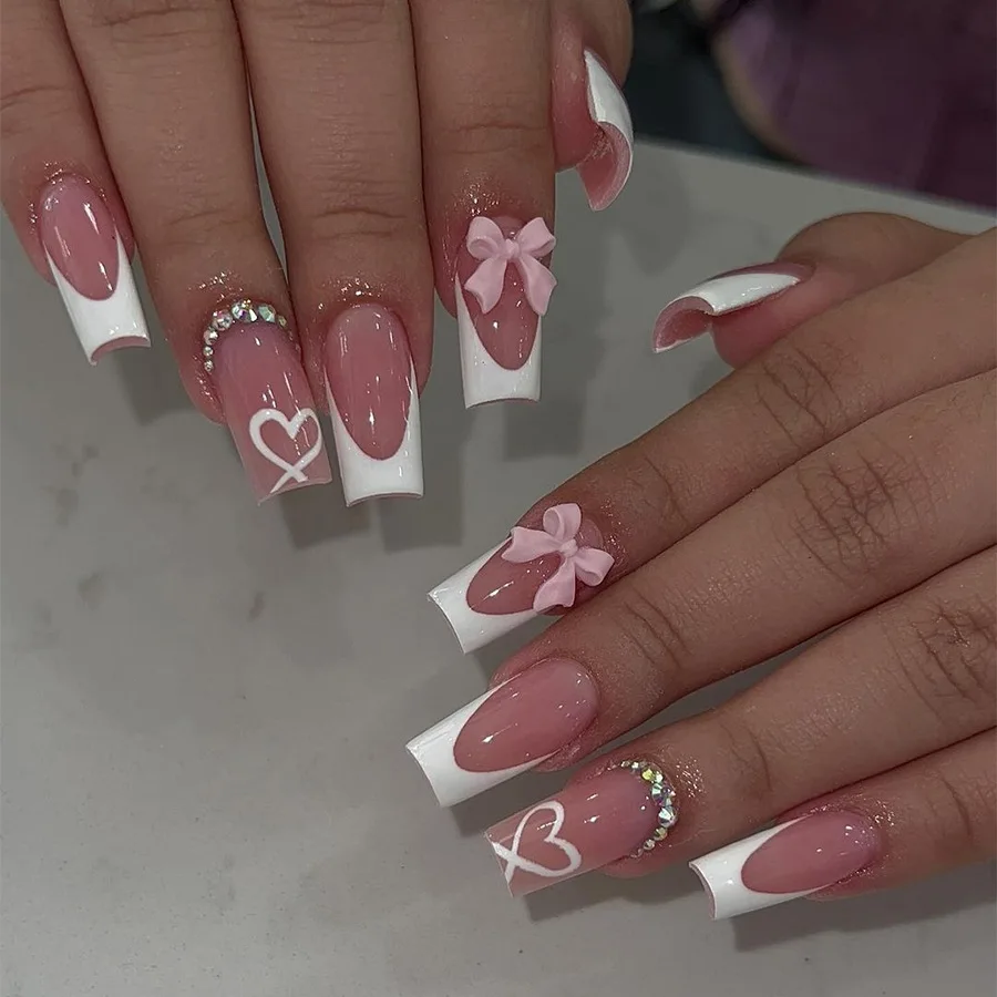 Uñas postizas de Ballet de 24 piezas, uñas largas a presión francesa con diamantes de imitación, diseño de lazo rosa, manicura de Cabeza Cuadrada