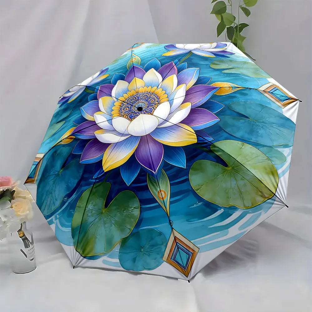 1PC Artistic Lotus Umbrella: A Splash of Colorful Elegance Print 8 Iron Ribs Folding Umbrella Auto-Open Fashion Sunshade