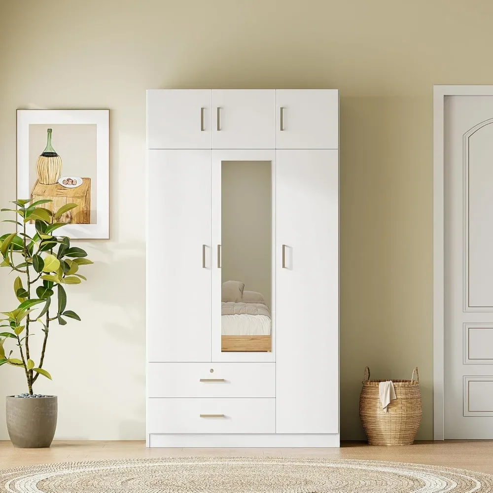 3-Door Mirror Wardrobe Closet with 2 Drawers and Top Cabinet| Modern Armoire with Shelves and Hanging Rod| for Bedroom