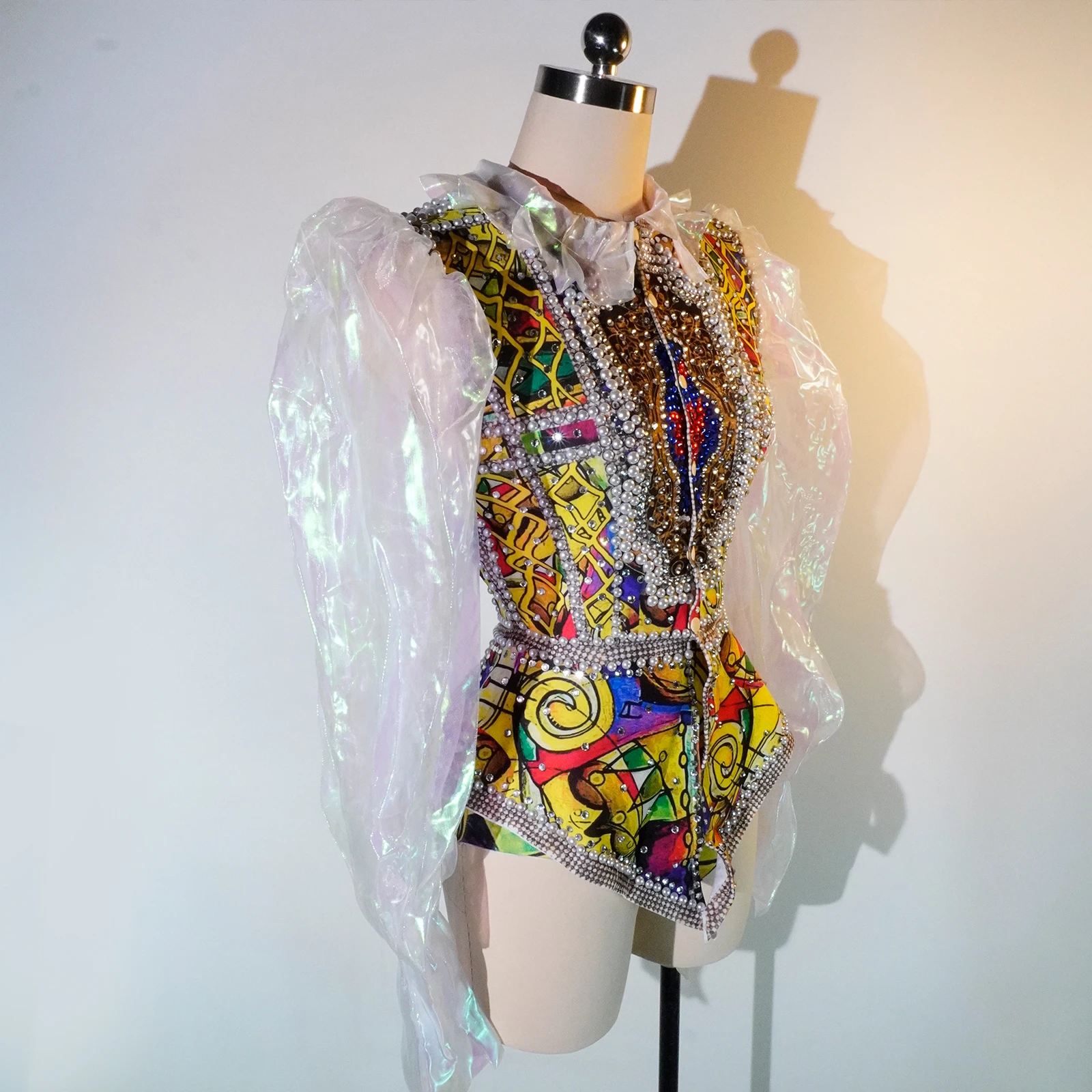 Mulheres puff manga pérola impressão jaqueta shorts conjunto strass bodysuit vintage sexy boate drag queen festival festa traje