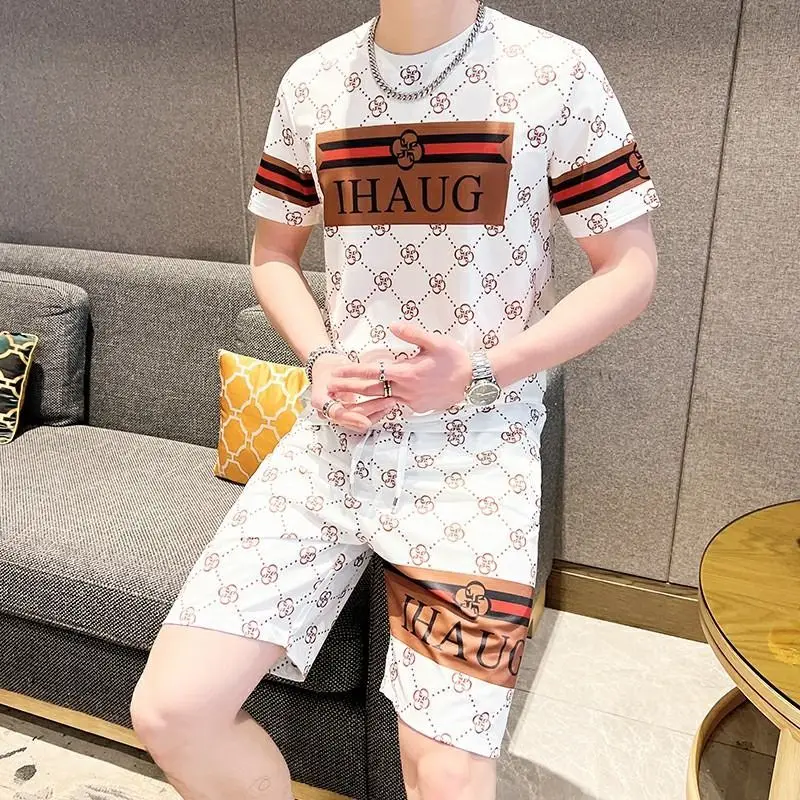 Men's Summer Leisure Sports Set Loose Trend Fashion Printed Ice Silk Round Neck Short-sleeved T-shirt Shorts Jogging Two-piece S