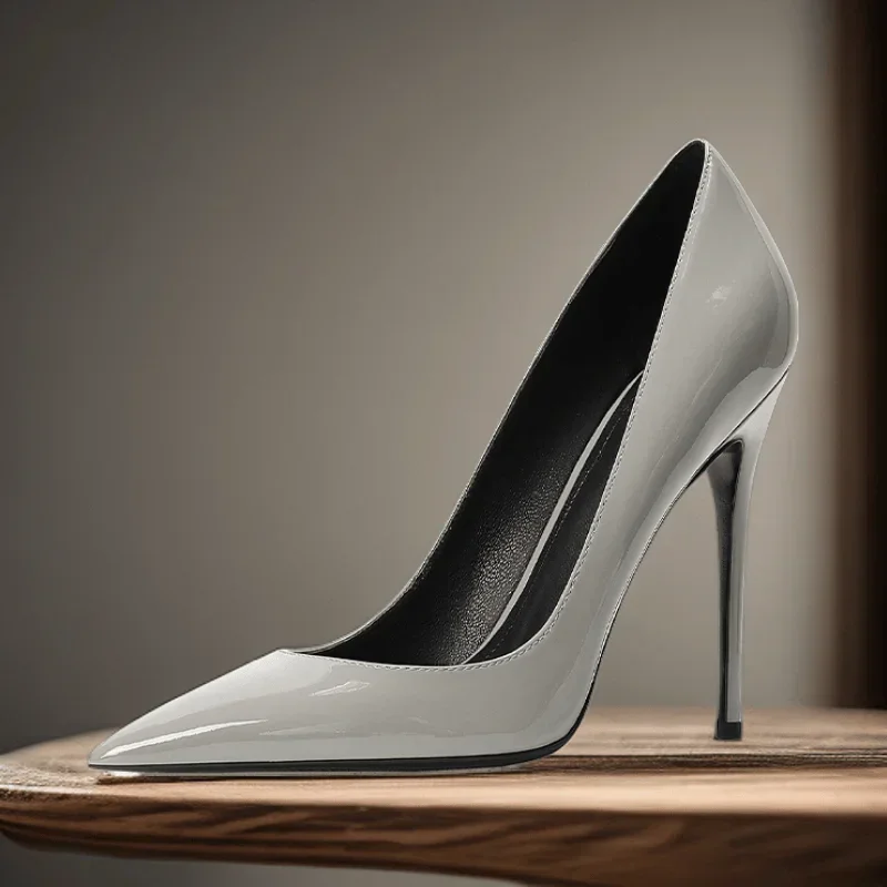 Professional pointed high heels with silver black and white mirror finish, all season simple women's single shoes in sizes 33-46