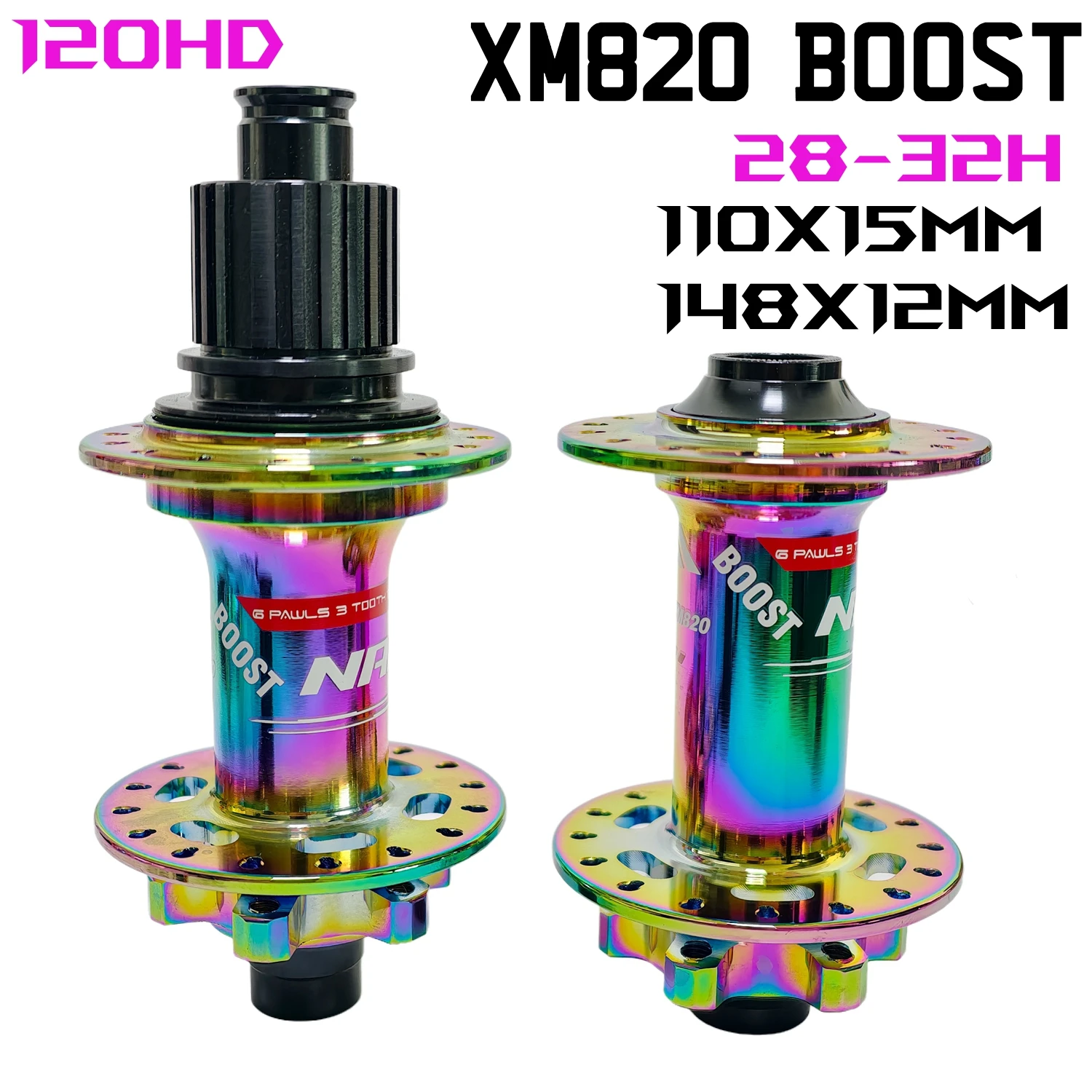 

Nanlio MTB Boost Bike Hub 148x12 / 110x15MM | 6 Pawls 120 Clicks Loud Sound | XD HG MS 8–12 Speed | 28H 32H | Rainbow & Black
