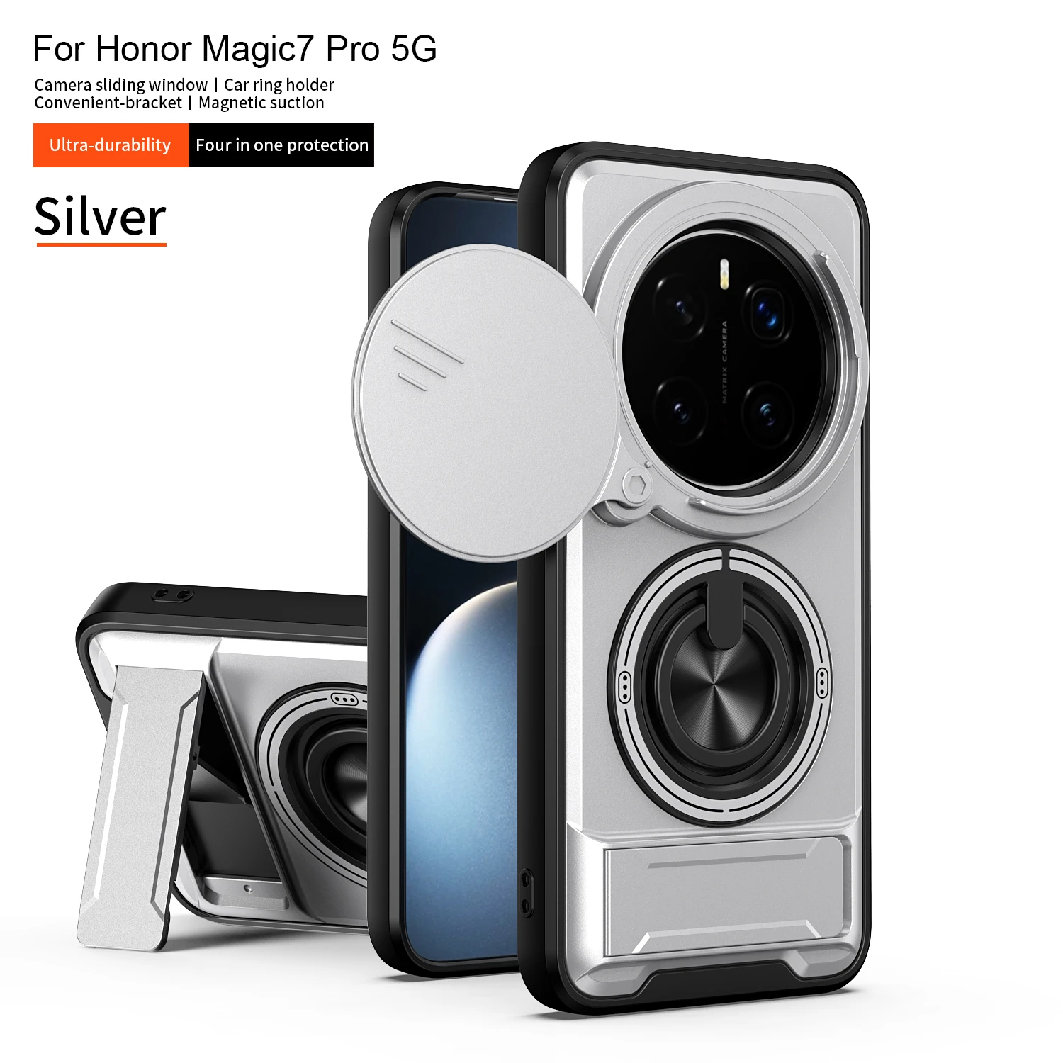 Armor Shockproof Phone Case For Honor Magic7 Pro 5G Sliding Camera Cap Built-in Magnet Ring Kickstand Protective Funda