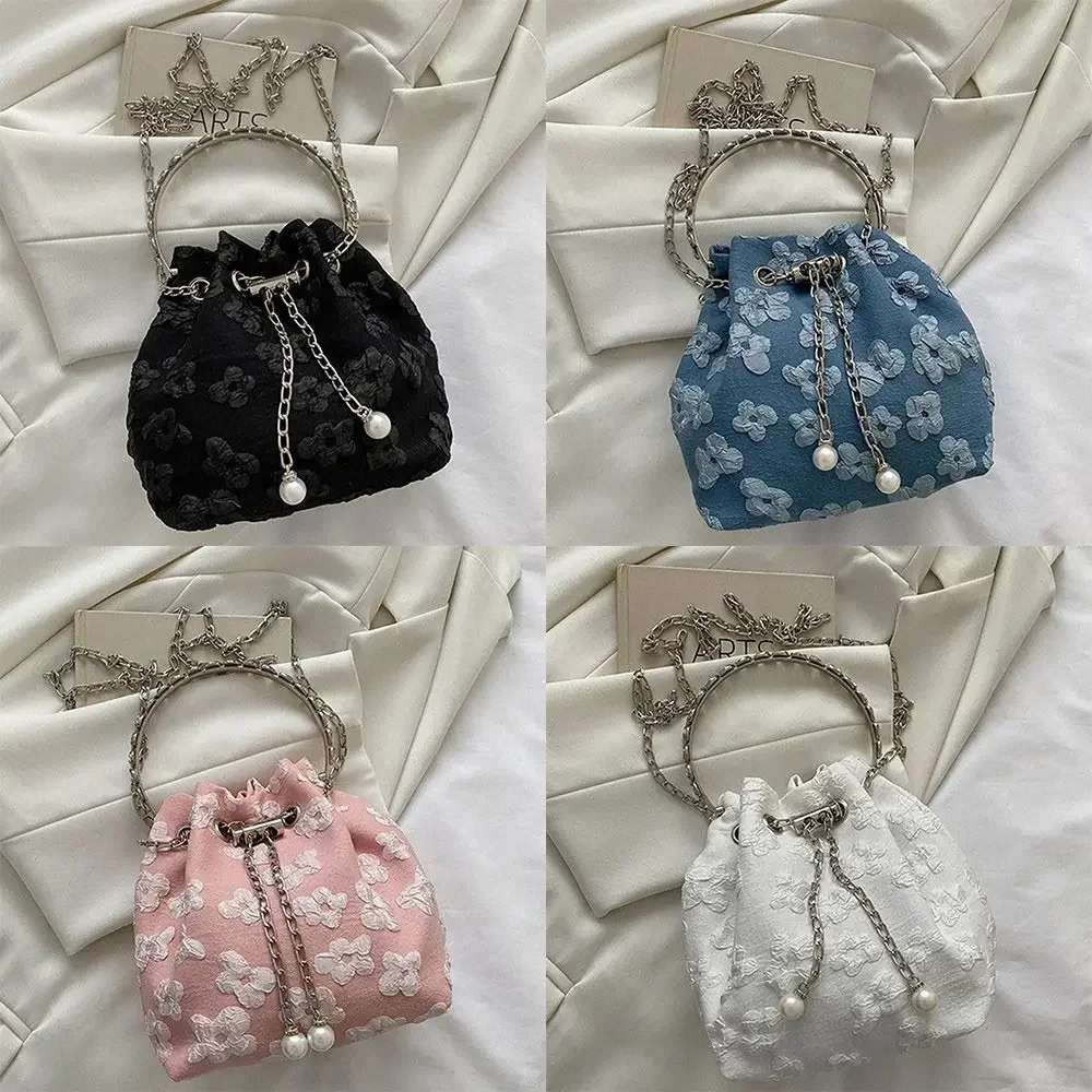 

Pleated Flower Drawstring Bucket Bag Women 2025 Summer Cute Crossbody Bag Chain Strap Small Handbag Daily Casual Multi-Way Bag