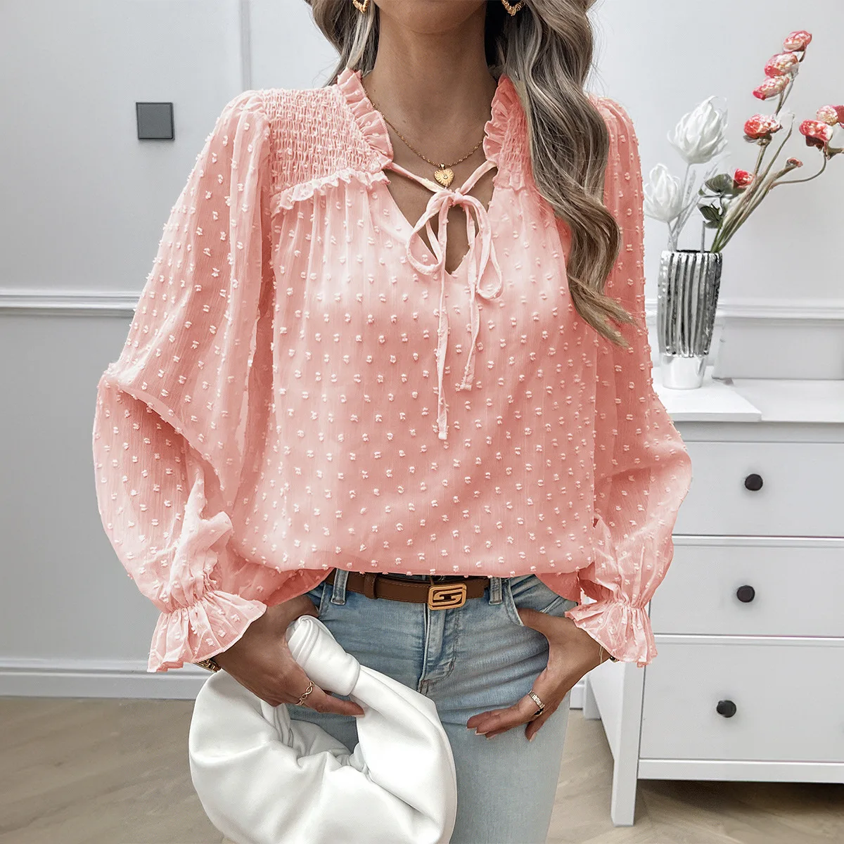 Fashionable Jacquard Shirt with Feminine Elegance V Neck Long Sleeved Top