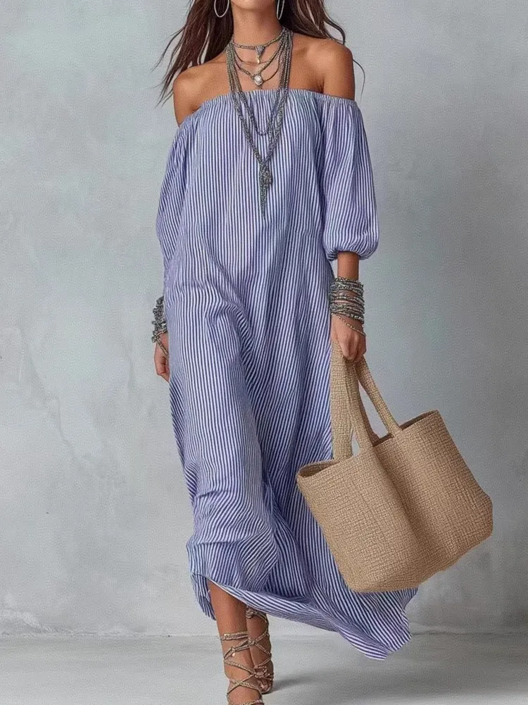 Casual Dresses New Spring Summer Elegant Striped Off-shoulder Loose Holiday Fashion Dress For Women Office Holiday Party Dress - Image 2