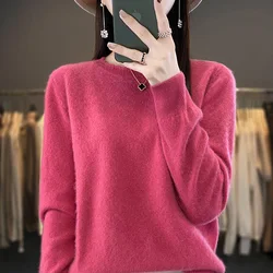 Herbst Winter Frauen neue Woll mischung Pullover Spitze Rundhals ausschnitt einfarbig Pullover Langarm Boden lässig warm Strick oberteile