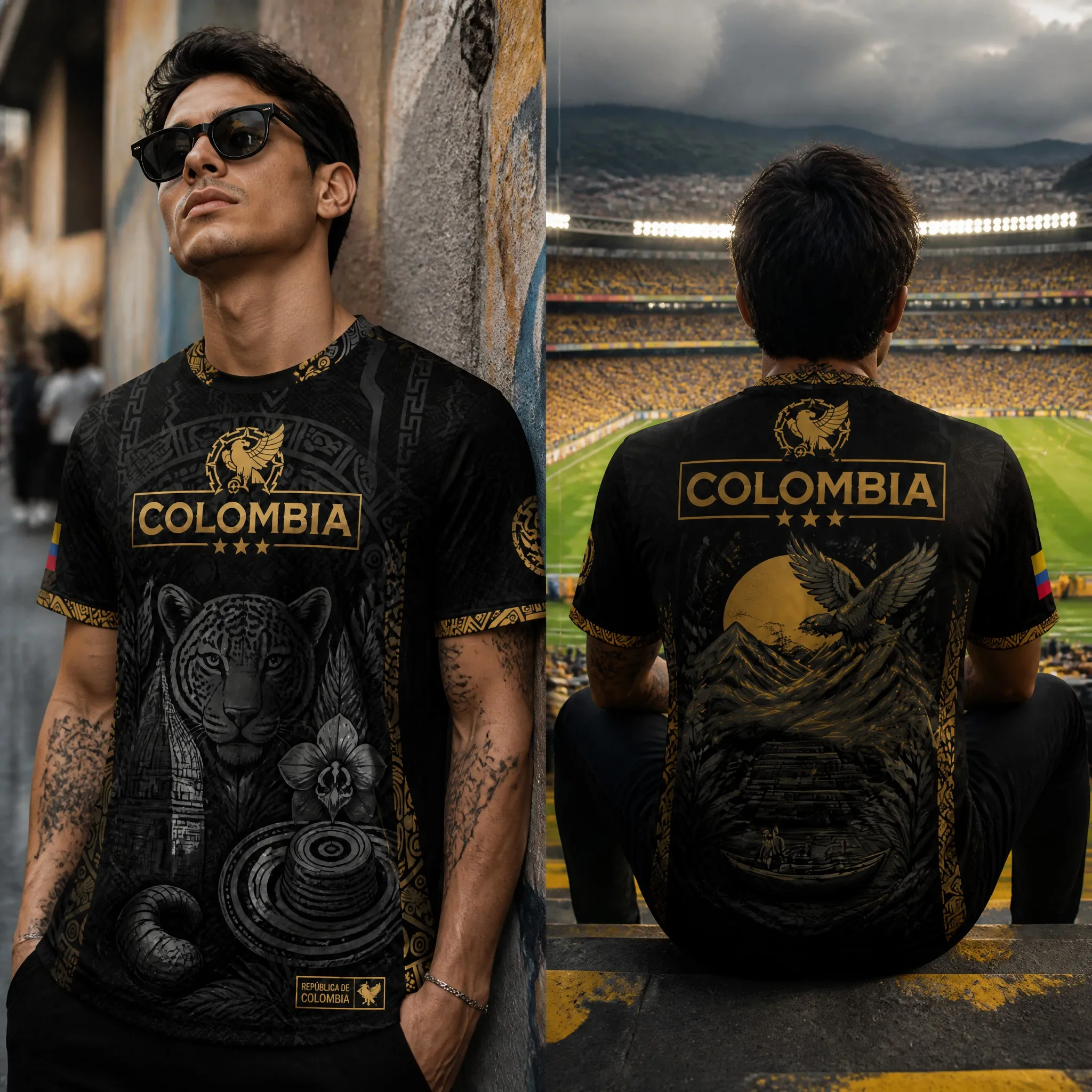 Mens Colombia Crew Neck T Shirt Black Gold Eagle Pyramid Palm Graphic Short Sleeve Stadium Casual Top Wear Summer Travel Fashion
