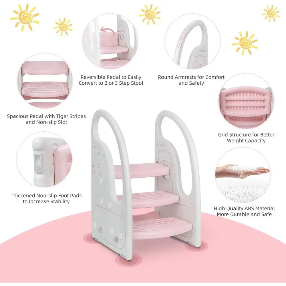 Plastic 3-Step Toddler Stool with Handles, Non-Slip Pads for Kitchen, Bathroom, Toilet Training - Pink & White