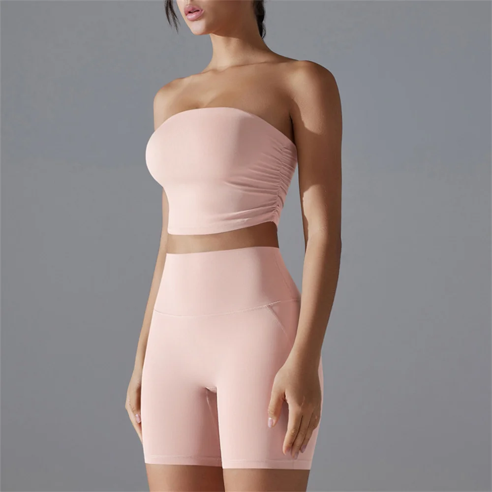 

2PCS Non-slip Insert Strapless Sports Bra Yoga Set Women Fitness Shorts Tracksuits Pant High Waist Leggings Gym Active Suit