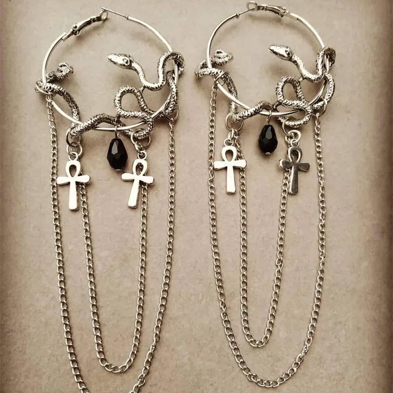 Goth Snake Ankh Hoop Earrings Wiccan Creative Gothic Jewelry Punk Jewelry Grunge Rock Statement Fashion Women Gift 2021 Trend