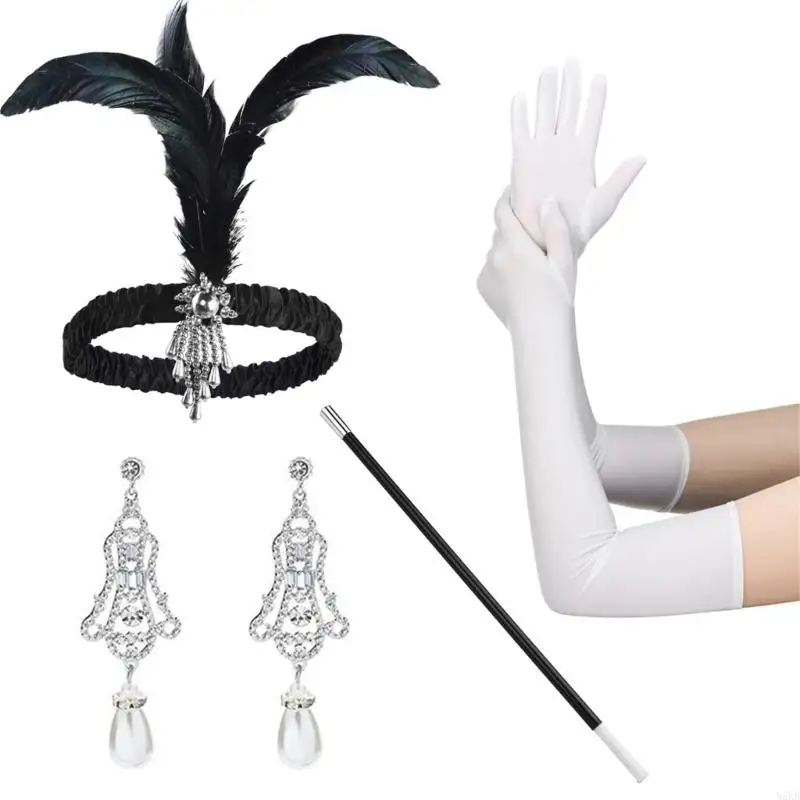 N5KB 1920 年代の女性フラッパー アクセサリー ギャツビー パーティー コスチューム フェザー ヘッドバンド イヤリング
