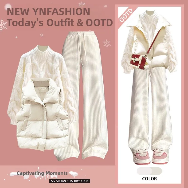 

Зимний повседневный вязаный свитер и брюки с широкими штанинами, комплект из трех предметов, женский стиль, хлопковый жилет, вязаная одежда с узором косы, модный комплект для стройного силуэта