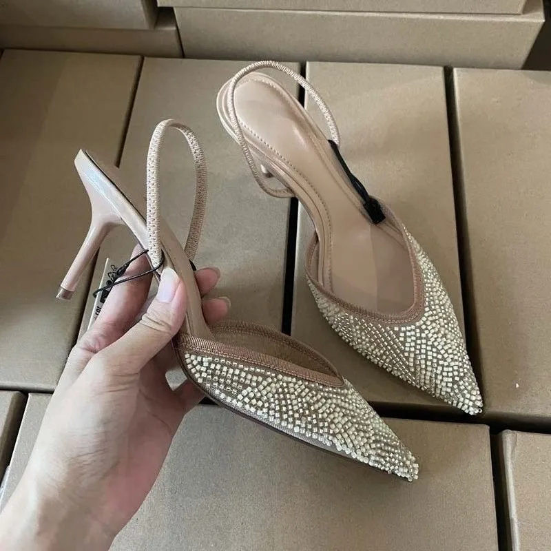 

Women Pointed Toe High Heels Stiletto Pumps, Elegant Mesh Embroidery Bead Slingback Shoes, Wedding Party Evening Dress Heels