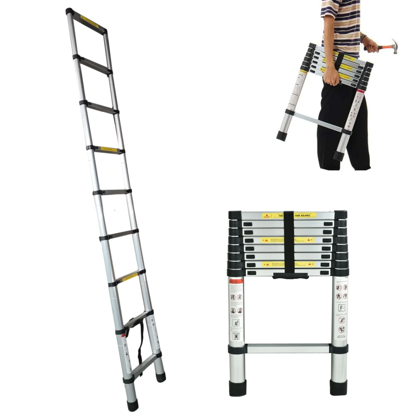 2.6M Extension Ladder Aluminium Folding Step Ladder 8.5Ft Extendable Telescopic Ladders 150kg Capacity EN131 CE Safety Standard