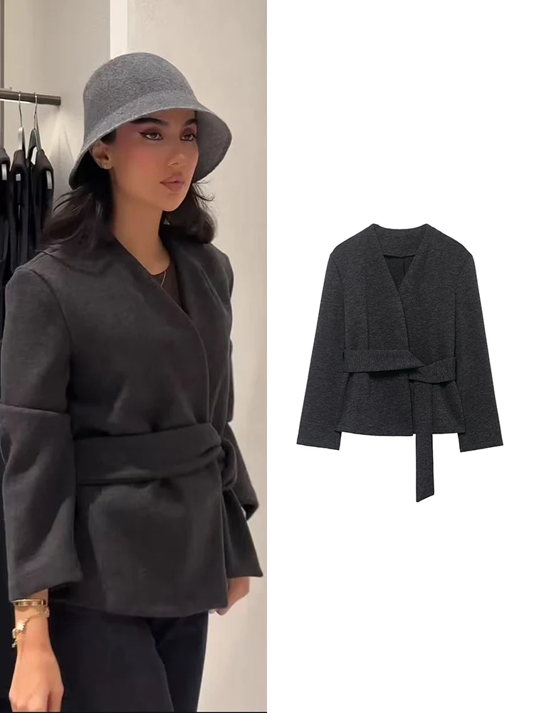 

Women Chic Jacket Coat V Neck Long Sleeve Sashes Solid Color Fashion 2025 Fall Winter Office Lady Casual Simple Style Short Coat