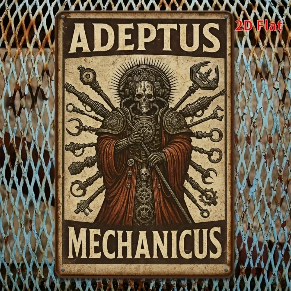 [مسطح [قطعة واحدة من فن الحائط المعدني العتيق من Adeptus Mechanicus - لافتة حديدية مع هيكل عظمي معقد وتصميم تروس