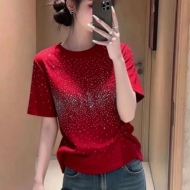 

Spring Summer Women's T-Shirt, Rhinestone Starry Sky Print, Casual Loose Short Sleeve, Fashion Crew Neck Versatile New Trend Top