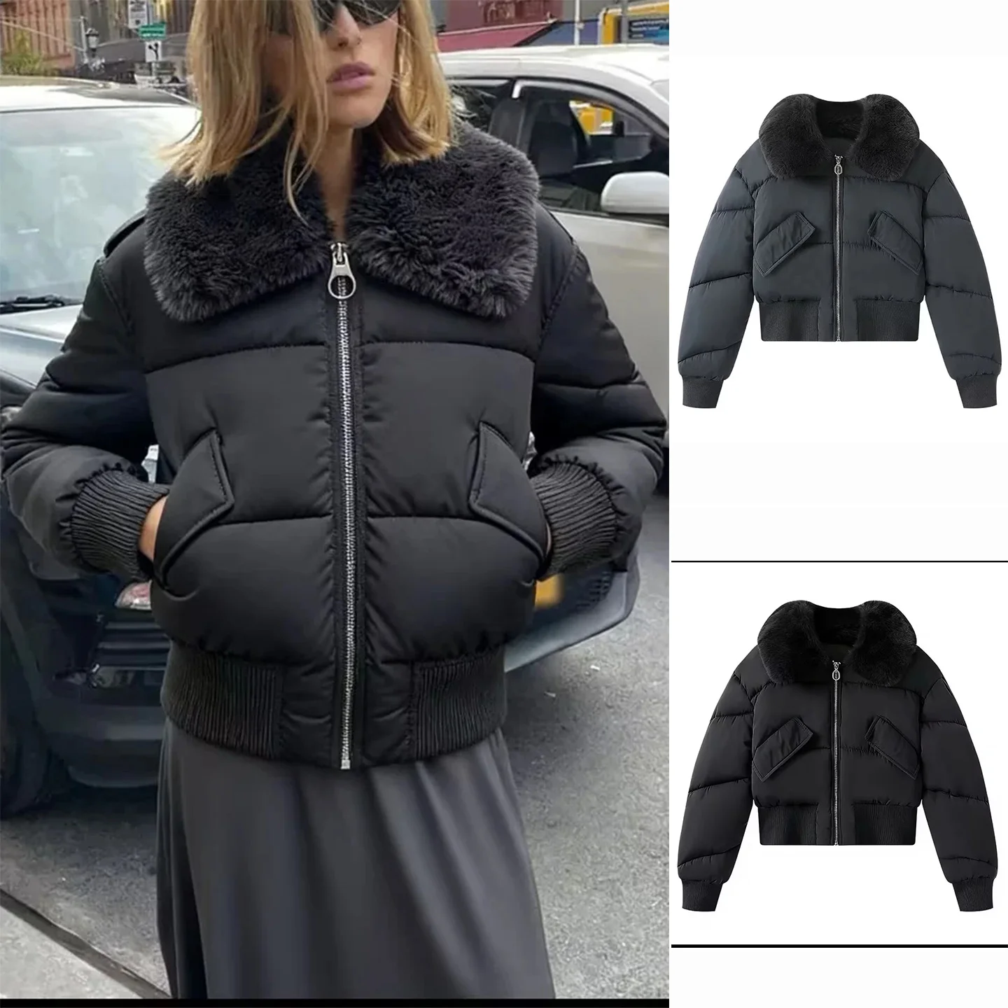 

Winter New Women's Zipper Waist Cinching Detachable Fur Collar ort Cotton Jaet Coat Straight Cut Long Sve Color